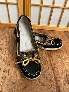 Sperry TopSider Boat Shoes Women 7.5M Black Brown Metallic Leather Lace Up Flats